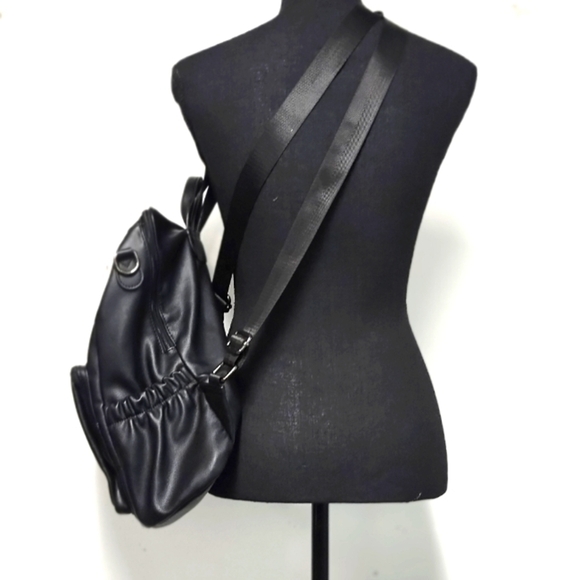 Sleek Black Faux Leather Backpack with Multiple Pockets – Everyday Travel Bag - Picture 2 of 6